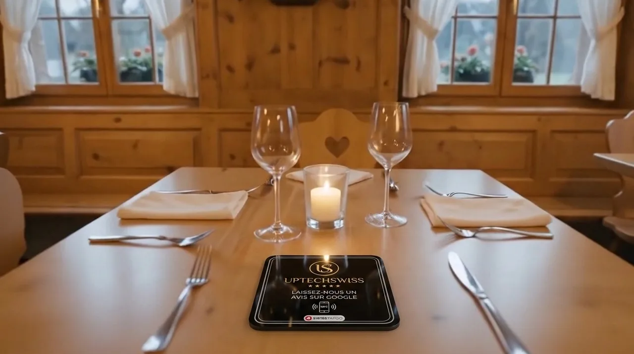 Plaque NFC posée sur une table de restaurant
